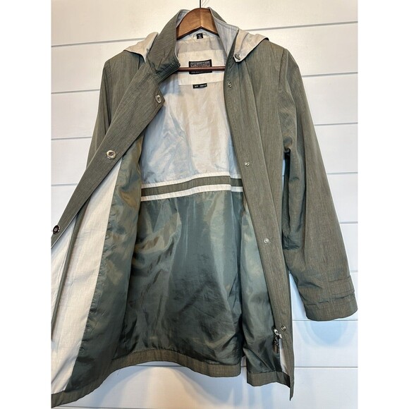 Manteaux Women's Rain Jacket SMALL Green Khaki Zip Snap Hooded Lined Rain Coat - Picture 8 of 11